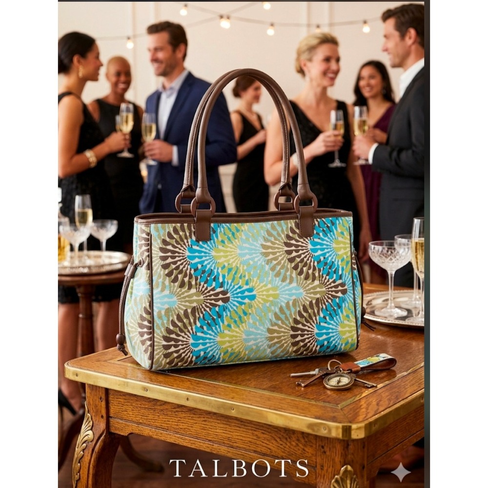 Talbots Canvas Tote Bag Blue Green Geometric Fan Print Shoulder Bag Brown Trim